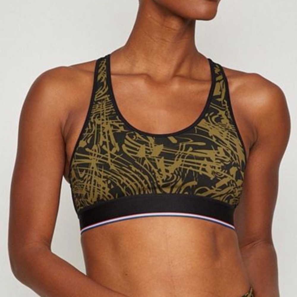 FourLaps Circuit Sports Bra sz Large Avocado Tuxedo Topo Swirl Mesh Back